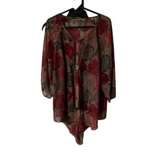 M&S Women's Floral Printed Round Neck 3/4 Sleeve Hi-low Blouse UK 16 Brown EUC